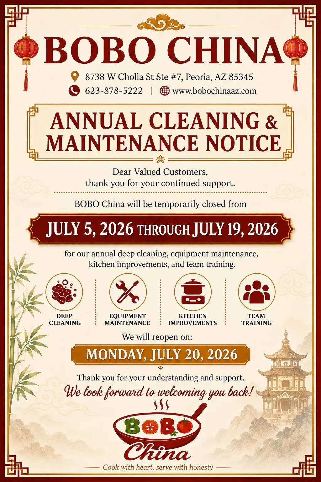 BOBO China annual cleaning and maintenance closure notice from July 5 to July 19, 2026
